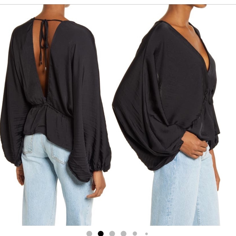 FREE PEOPLE ELOUISE SATIN BLACK OPEN BACK SHIRT DOLMAN SLEEVES MEDIUM